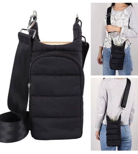 HydroCarry Puffer Tote – Adjustable Strap Water Bottle Carrier for Outdoor Travel & Daily Adventures