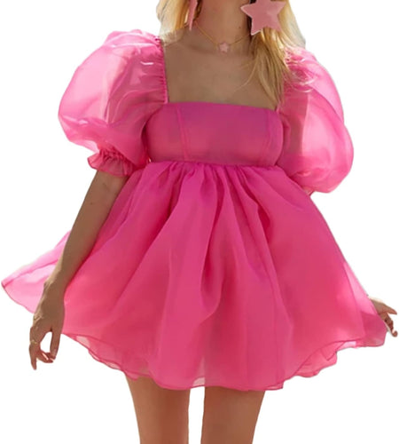 Women'S off Shoulder Puffy Sleeve Mini Dress Tulle Princess Dress Ruffle Mesh Wedding Evening Party Prom Mini Dress