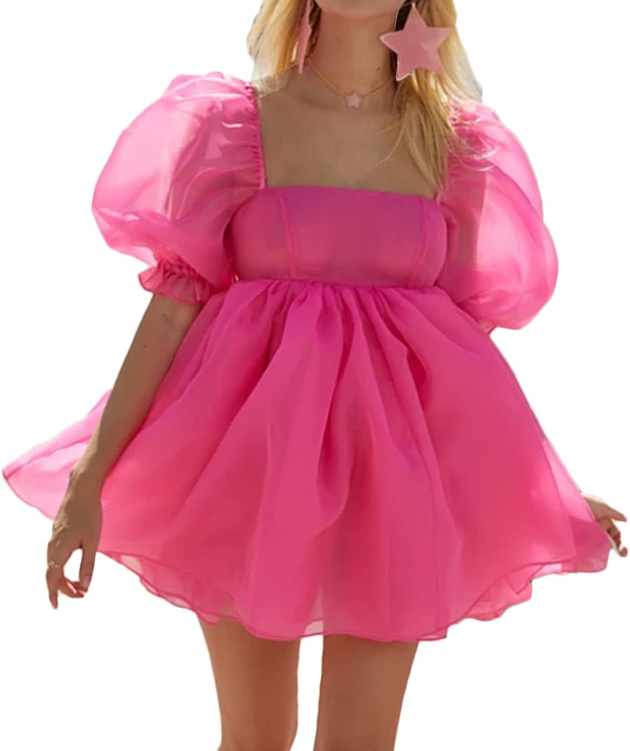 Women'S off Shoulder Puffy Sleeve Mini Dress Tulle Princess Dress Ruffle Mesh Wedding Evening Party Prom Mini Dress