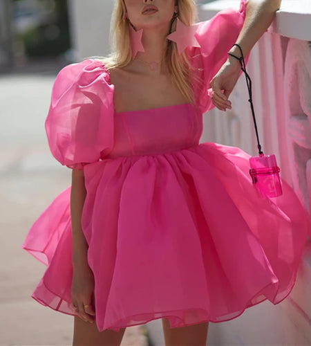 Women'S off Shoulder Puffy Sleeve Mini Dress Tulle Princess Dress Ruffle Mesh Wedding Evening Party Prom Mini Dress