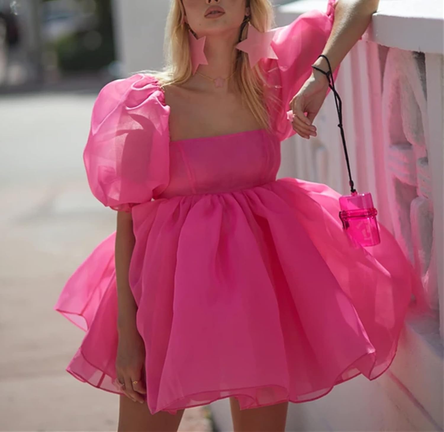 Women'S off Shoulder Puffy Sleeve Mini Dress Tulle Princess Dress Ruffle Mesh Wedding Evening Party Prom Mini Dress