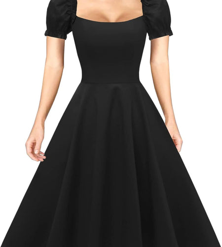 Women'S Puff Short Sleeve 1950S Party Dresses Square Neck Aline Dress with Pockets