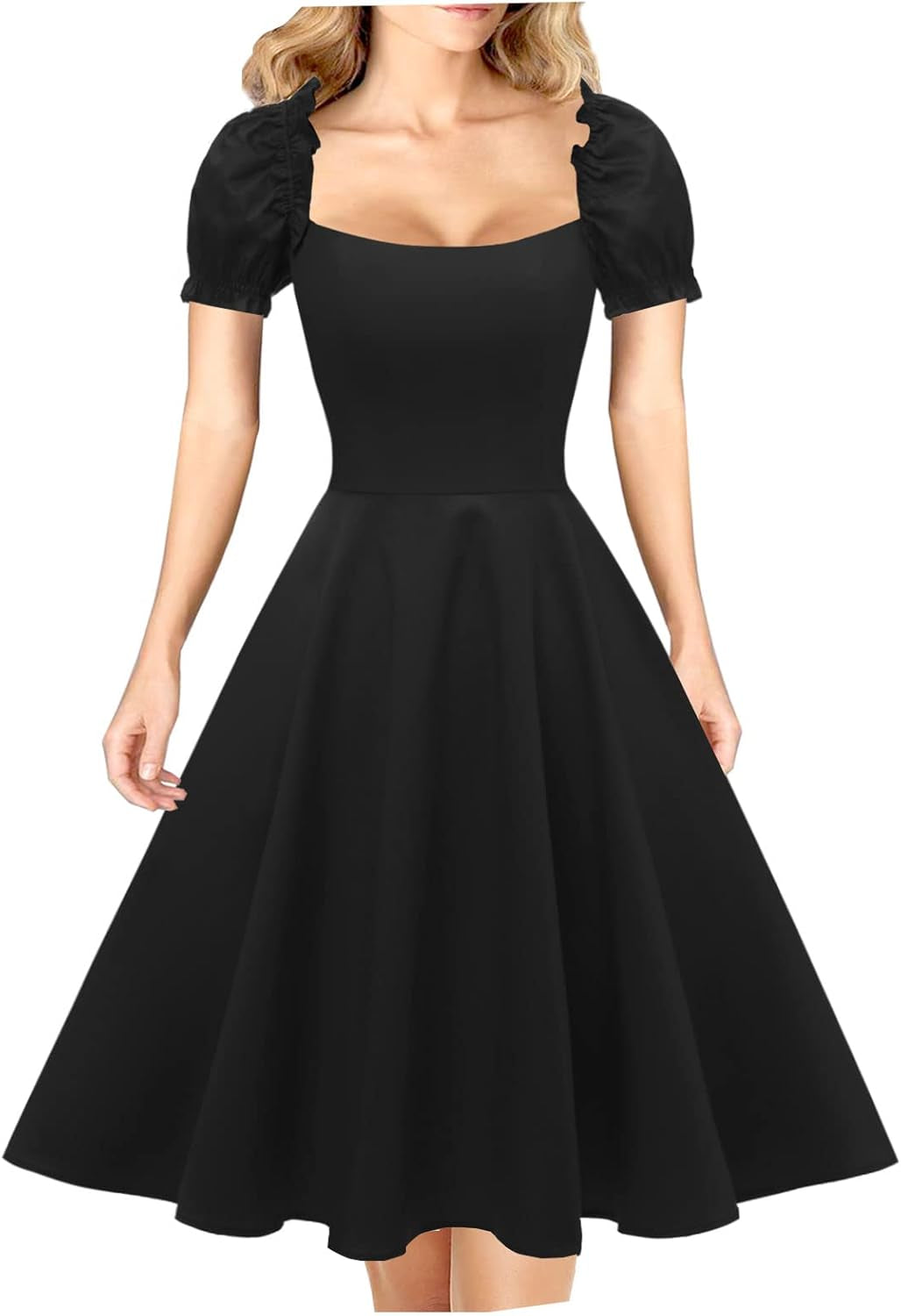 Women'S Puff Short Sleeve 1950S Party Dresses Square Neck Aline Dress with Pockets