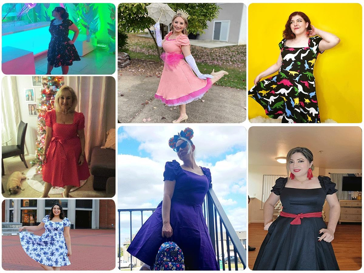 Women'S Puff Short Sleeve 1950S Party Dresses Square Neck Aline Dress with Pockets